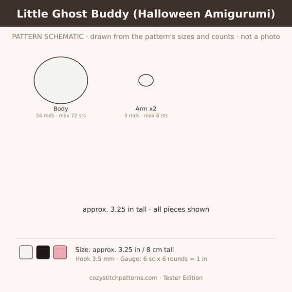 Little Ghost Buddy (Halloween Amigurumi): Pattern preview rendered from the stitch counts · not a photo
