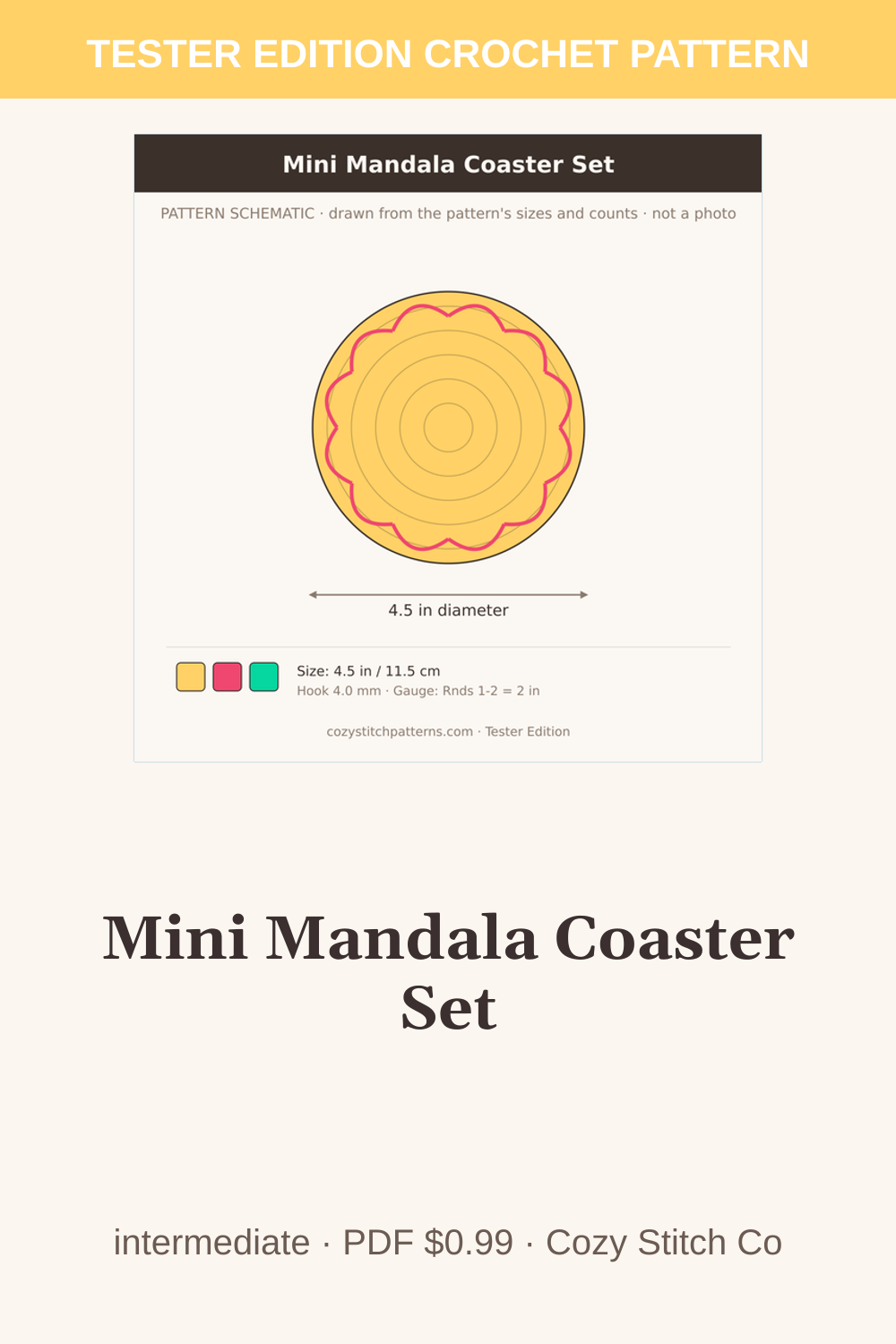 Pinterest pin for the Mini Mandala Coaster Set crochet pattern