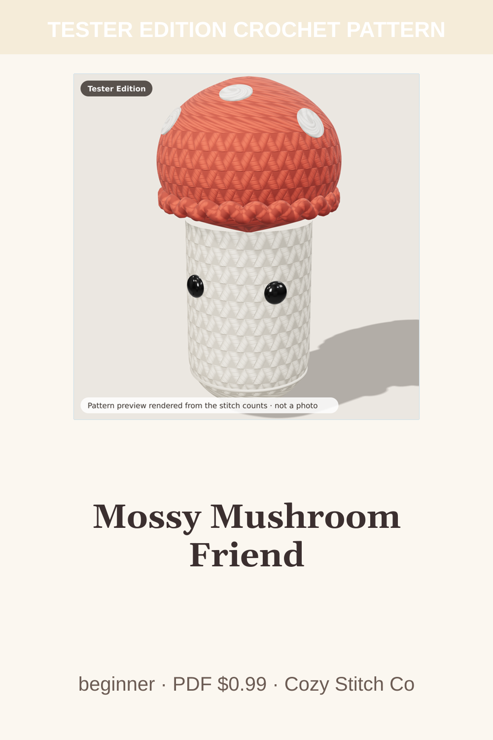 Pinterest pin for the Mossy Mushroom Friend crochet pattern